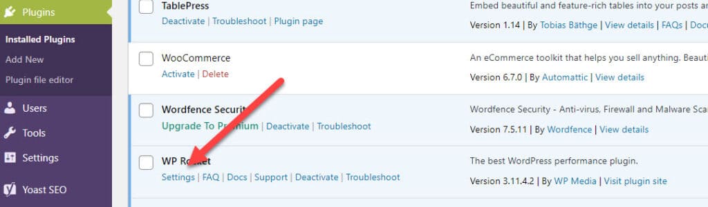 WP Rocket Plugin Accessed via Plugins