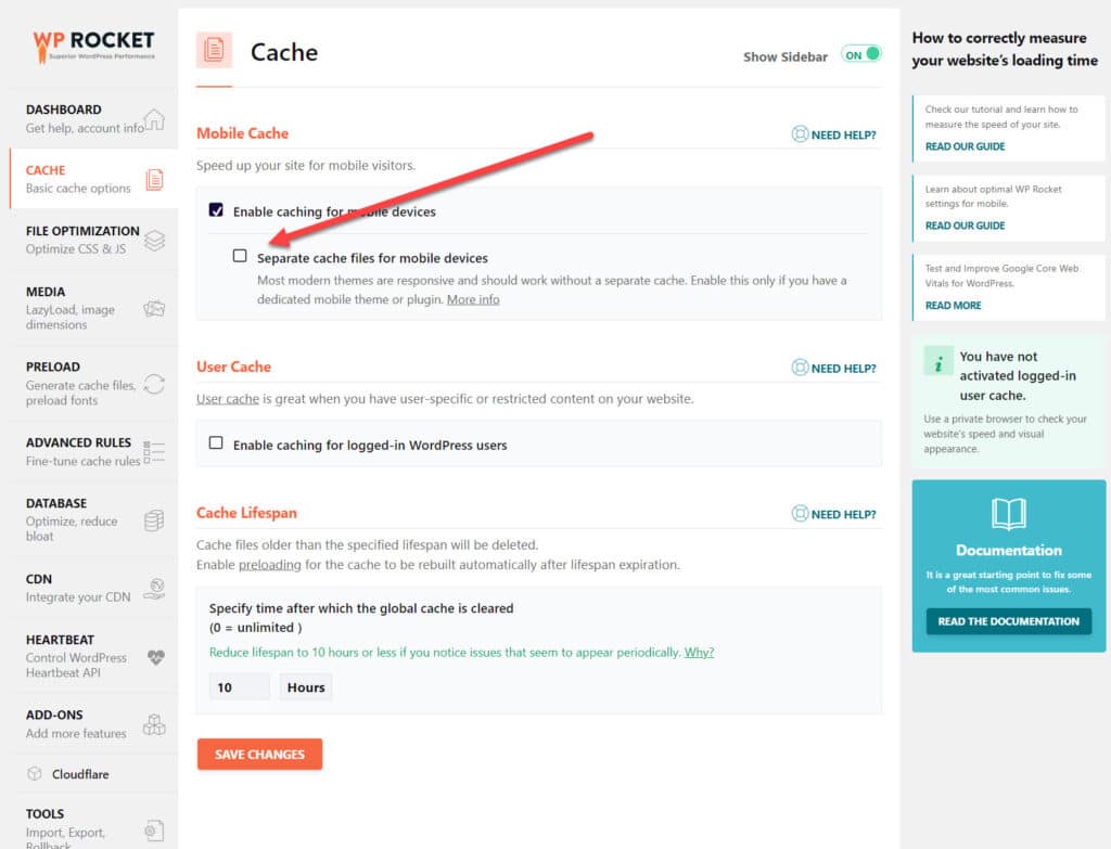 WP Rocket Cache Settings Page