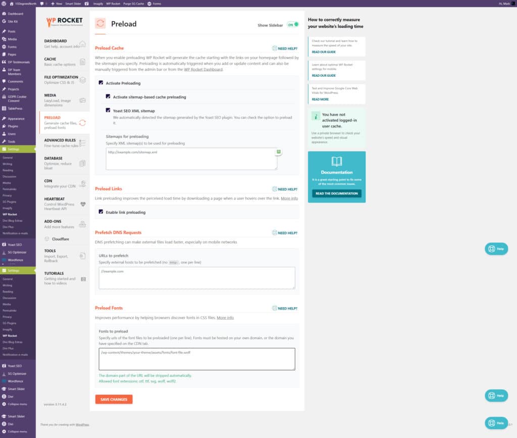WP Rocket PreLoad Settings Page