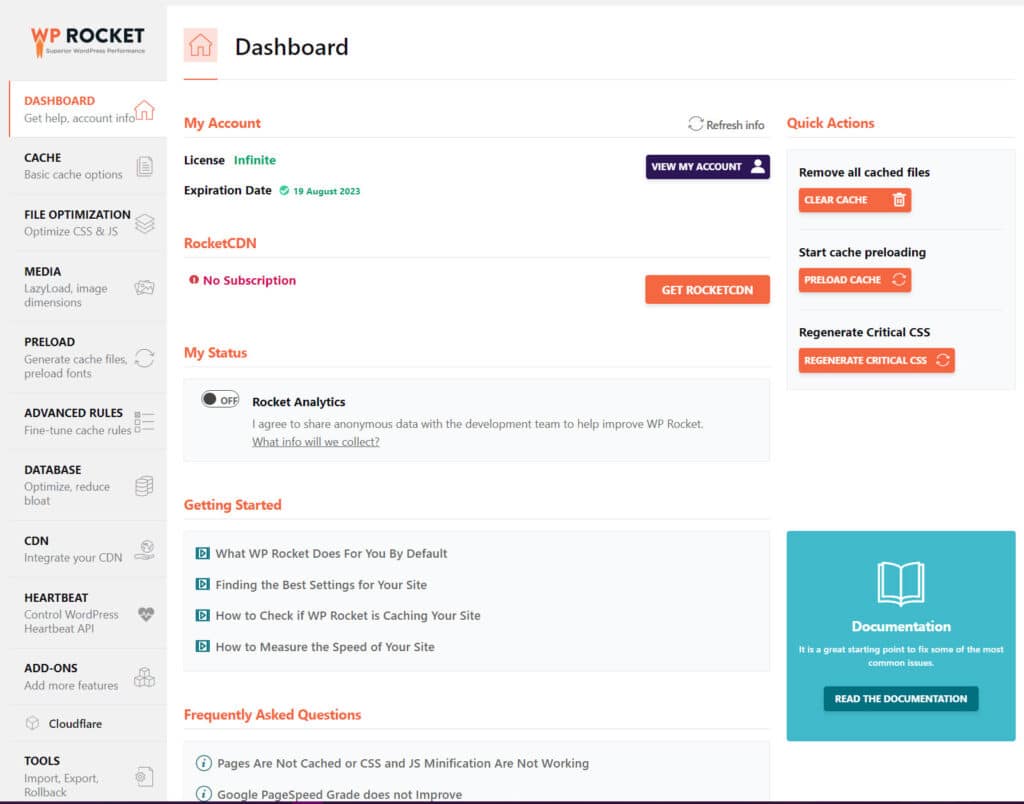 WP Rocket Settings Page